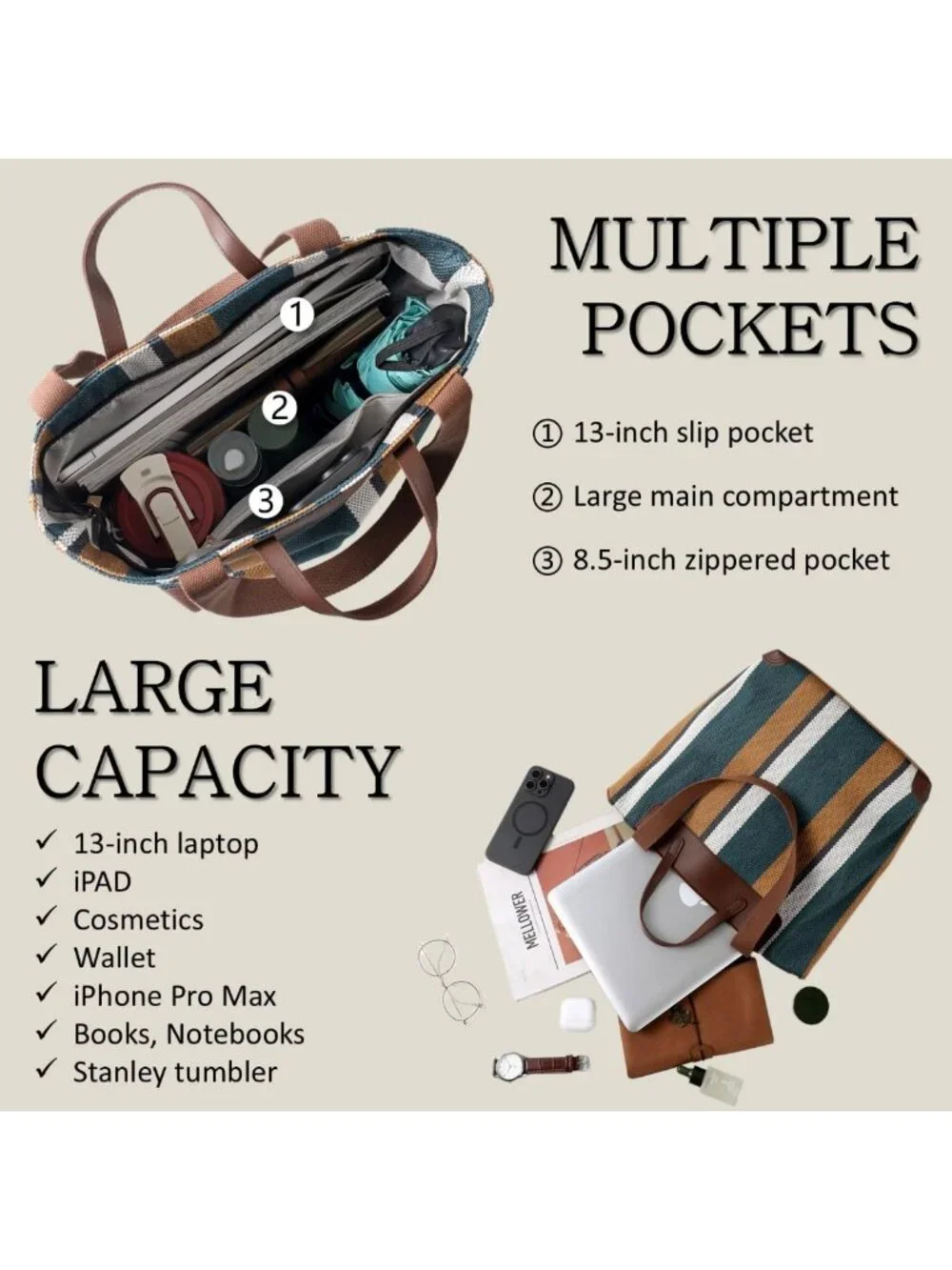 Spacious Women's Work Tote Bag with Laptop Compartment - Canvas Shoulder Bag for